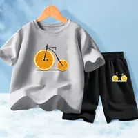 Teenage Boys Fashion Outfits 2pcs Summer Trendy Sports Set Vintage Fruit Bike Theme T-shirts And Short Pants Combo for Ages 3-14