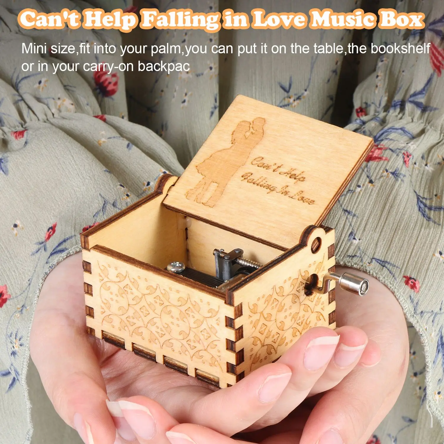 Vintage Engraving Wooden Music Box Hand-cranked Music Box Can't Help Falling in Love Music Box Wife Birthday Valentines Day Gift 2
