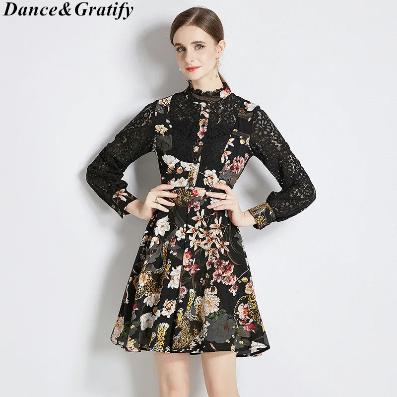 

Autumn New Black Lace Print Patchwork Elegant Dresses For Women 2022 Temperament Stand collar Slim A-line Knee-length Vestidos