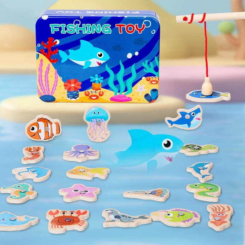 Wooden Toy Montessori Catching Toys Fine Motor Skill Fish Cognition Puzzle Toy Magnetic Fishing Game