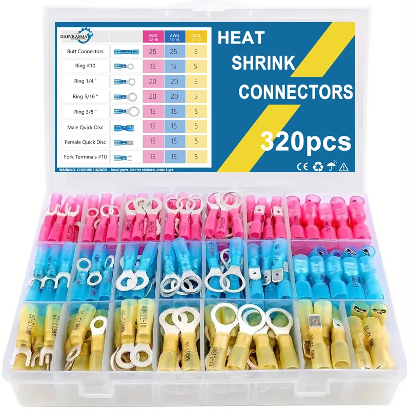 640/120Pcs Marine Grade Heat Shrink Wire Connectors – Ring, Fork, Spade, Butt Splices – 22-10 AWG-525954