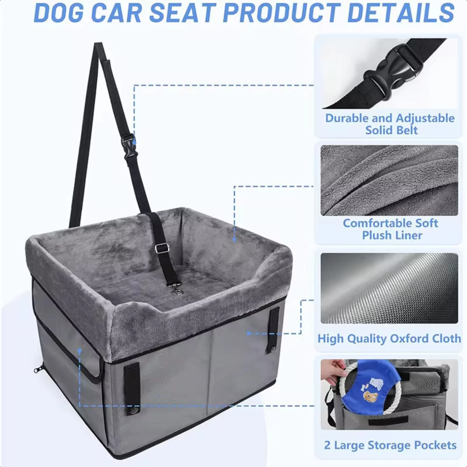 Pet Portable Elevated Lookout Dog Car Booster Seat Travel Carrier Bed with Safety Leash Small Dogs Cats