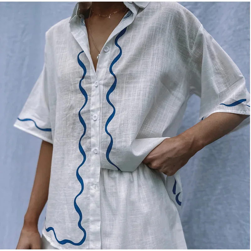 

pokiha Women Casual Print Loose Shirts Tops 2024 Summer Fashion Elastic Waist Shorts Female Vintage Chic 2 Piece Sets Outfits