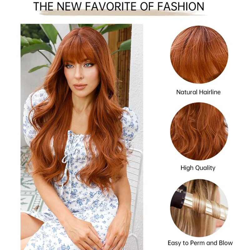 Long Wavy Orange Brown Synthetic Wigs with Bangs Copper Ginger Cosplay Wig Afro Body Wave Natural Hair Heat Resistant