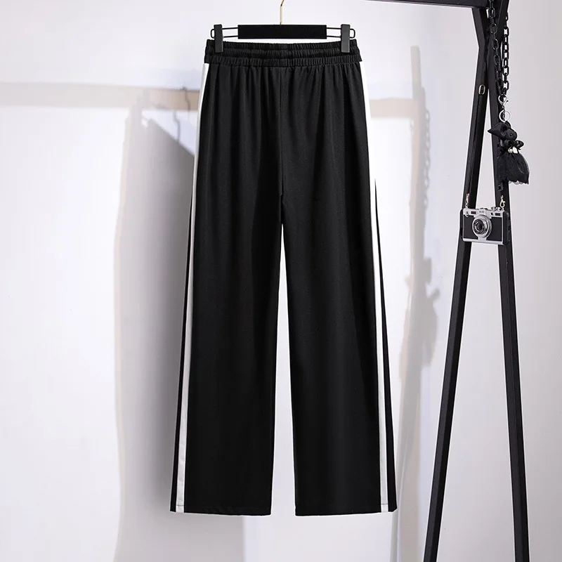 155Kg Plus Size Women\'s Loose Straight Wide Leg Trousers Hip 150 High-Waisted Striped Pants Black 5XL 6XL 7XL 8XL 9XL
