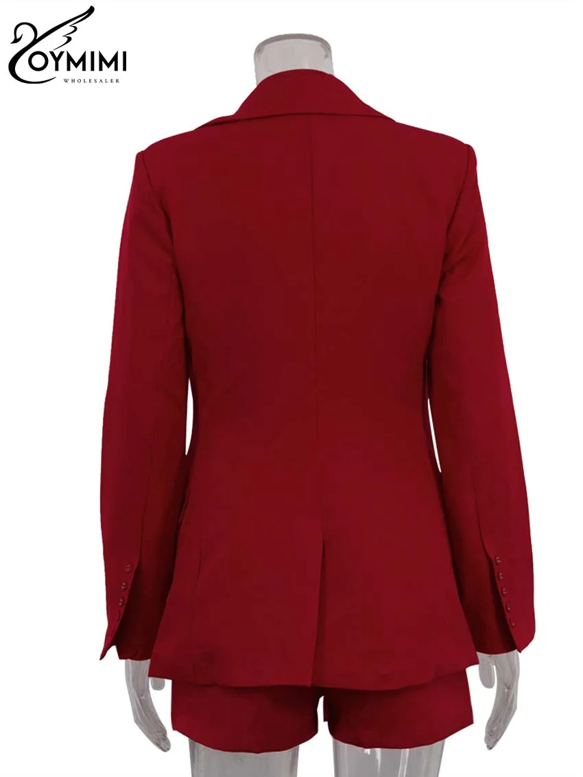 Oymimi Elegant Red Women's Two Pieces Set Fashion Long Sleeve Pockets Tie Button Blazers And High Waisted Simple Shorts Sets 6