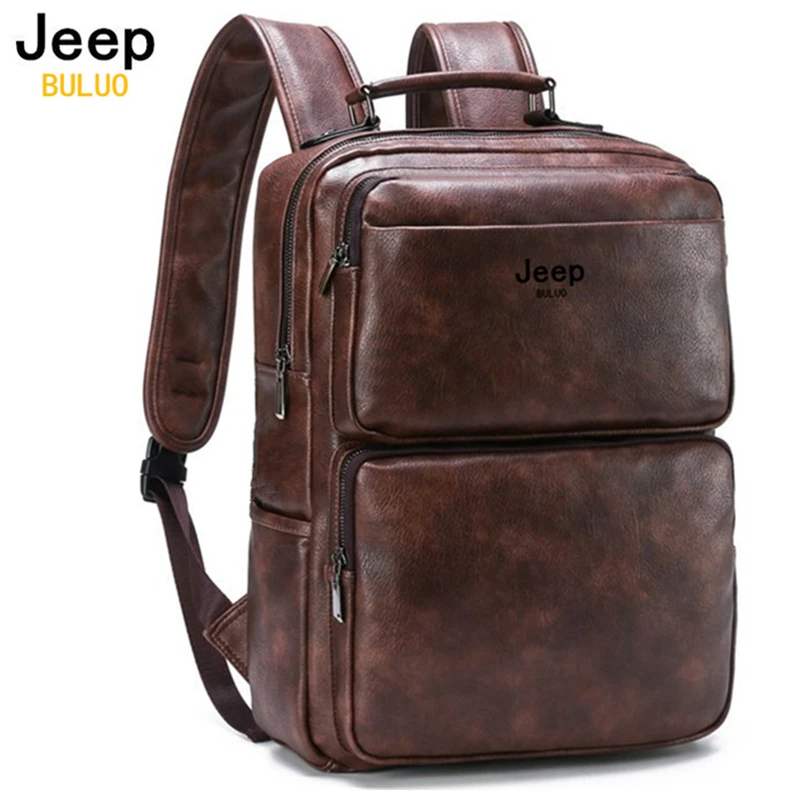 Jeep Buluo Vintage Leather Backpack for Men Large Capacity Business Laptop Bag Casual Daypack for Work Travel College