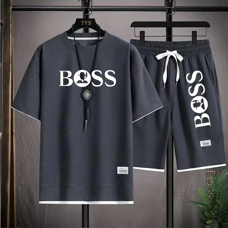 Fashion men's casual sports set new 2025 summer outdoor breathable round neck men short sleeve T-shirt + shorts two sets