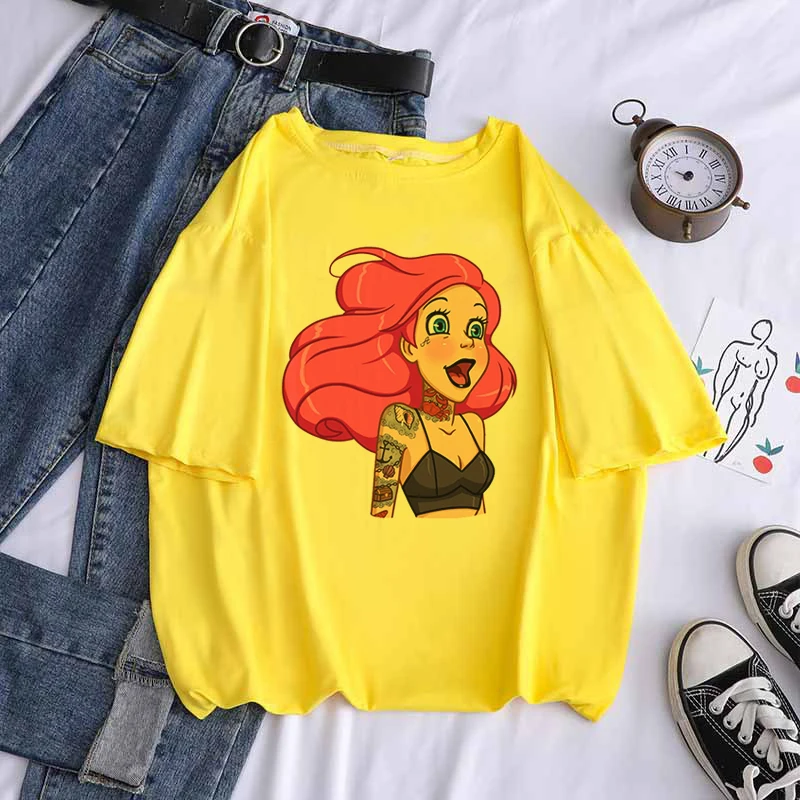 2022 New Alice In Wonderland T Shirts Womens Cotton Tops Black Alice Snow White Print Casual Short Sleeves 90s Fashion Top black t shirt for men Tees