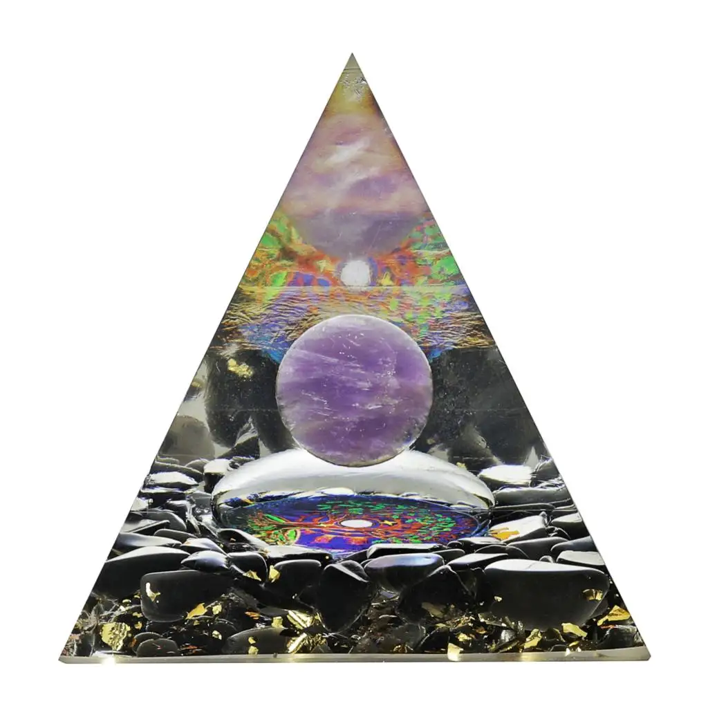 Natural Crystal Sphere Orgone Pyramid With Obsidian Tumbled Stones & Snail Symbol Orgonite Generator For Chakra Balancing