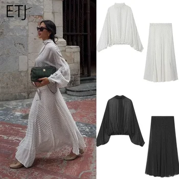 ETJ Women's Polka Dot Blouse Skirt Set 2026 Spring High Neck Batwing Sleeve Sheer Front Tie Bow Midi A-Line Dress Set 1