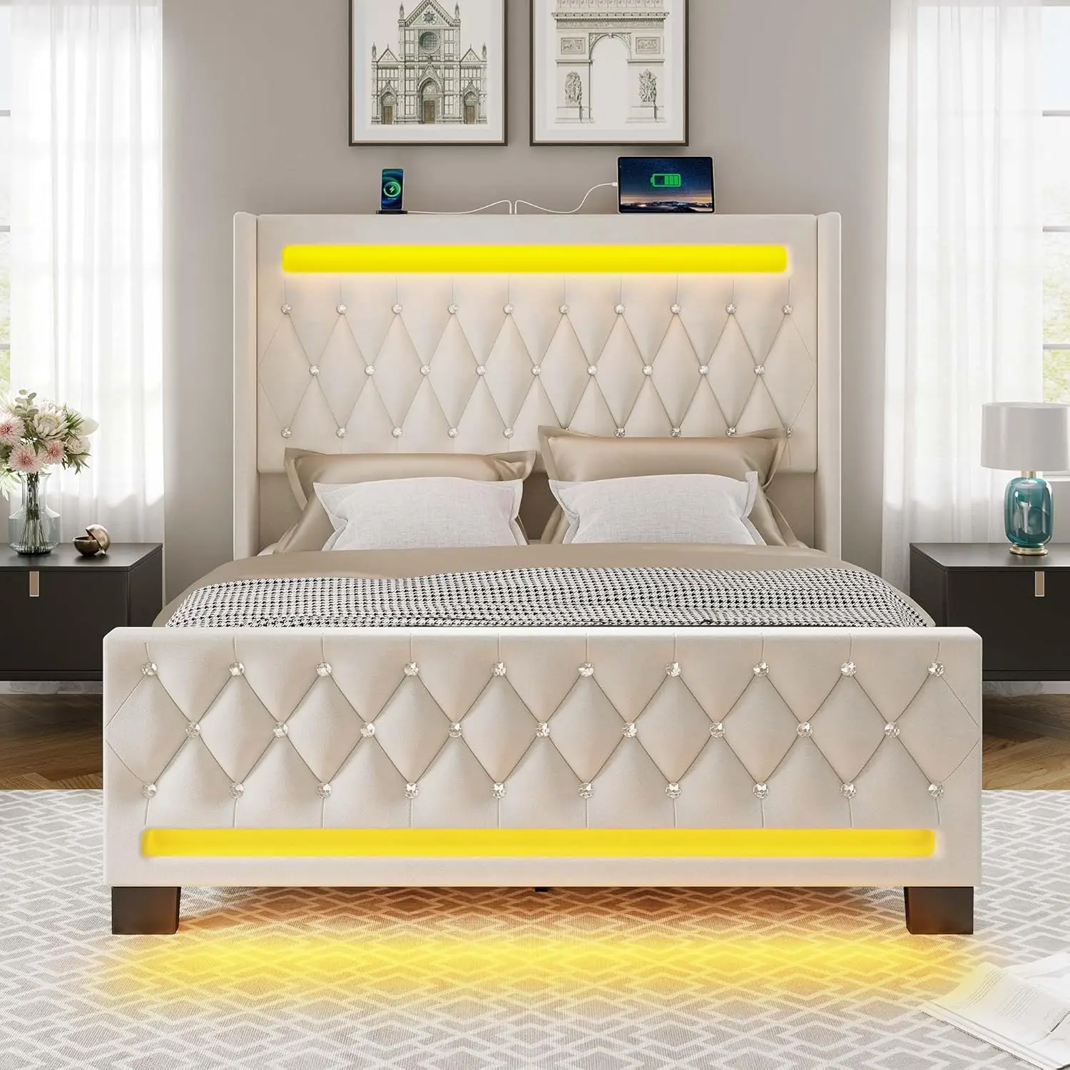Queen Bed Frame with LED Light and Charging Station, Upholstered High Headboard and Footboard, Wood Slats, Noise Free 6