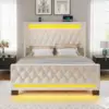 Queen Bed Frame with LED Light and Charging Station, Upholstered High Headboard and Footboard, Wood Slats, Noise Free 6