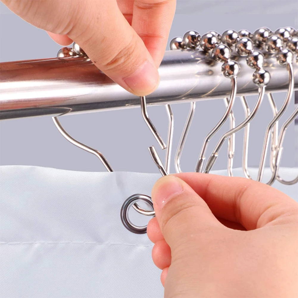 12pcs Curtain Hooks Rollerball Metal Curtain Rings Polished Anti-Drop Rust Proof Decorative Accessories for Bathroom Shower Rods
