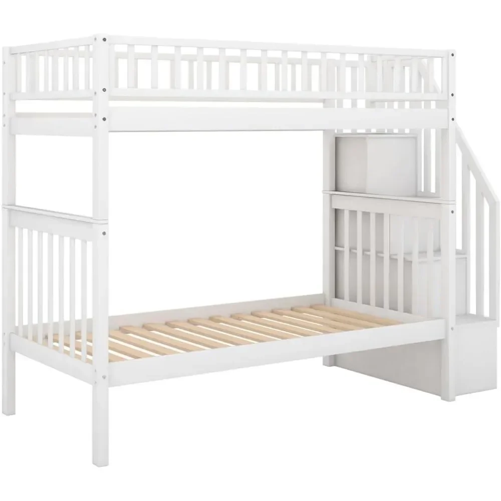 Bunk Beds Twin Over Twin Bunk Bed with Twin Trundle & Staircases, Wood Bunk Bed Frame with Safety Rails,  Kid Bed 5