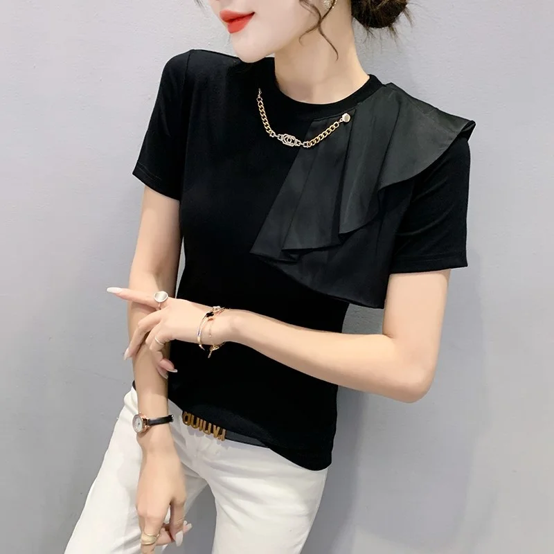 

#5275 Solid Color T-shirt Ladies O-neck Chain Summer Skinny Short Sleeve T Shirt Women Cotton Slim Spliced Ruffles Sexy Summer