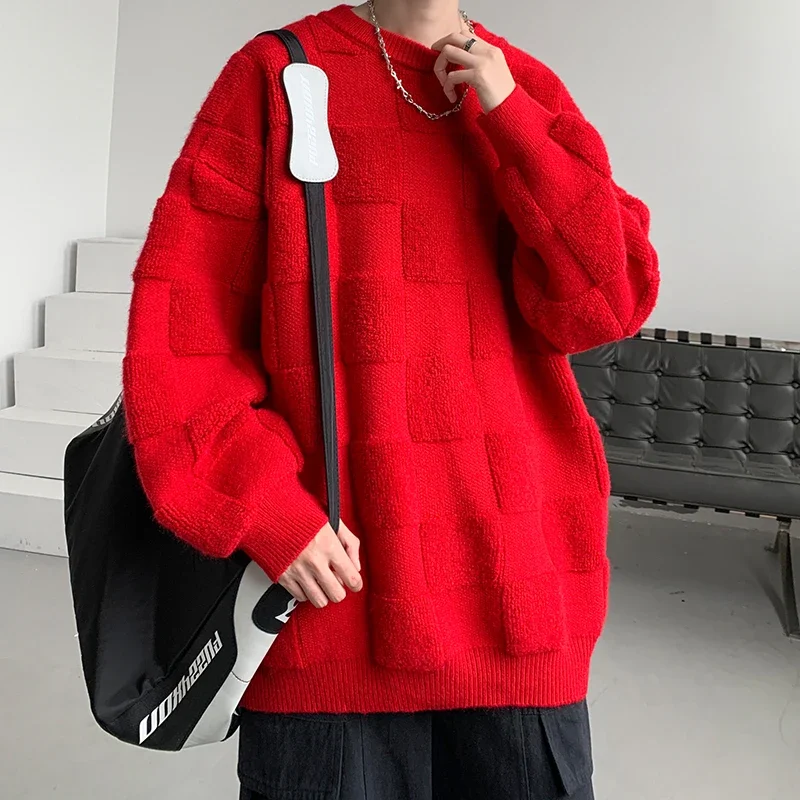 2023 Oversized American street design sense towel embroidered plaid youth popular fashion casual sweater men and women couples