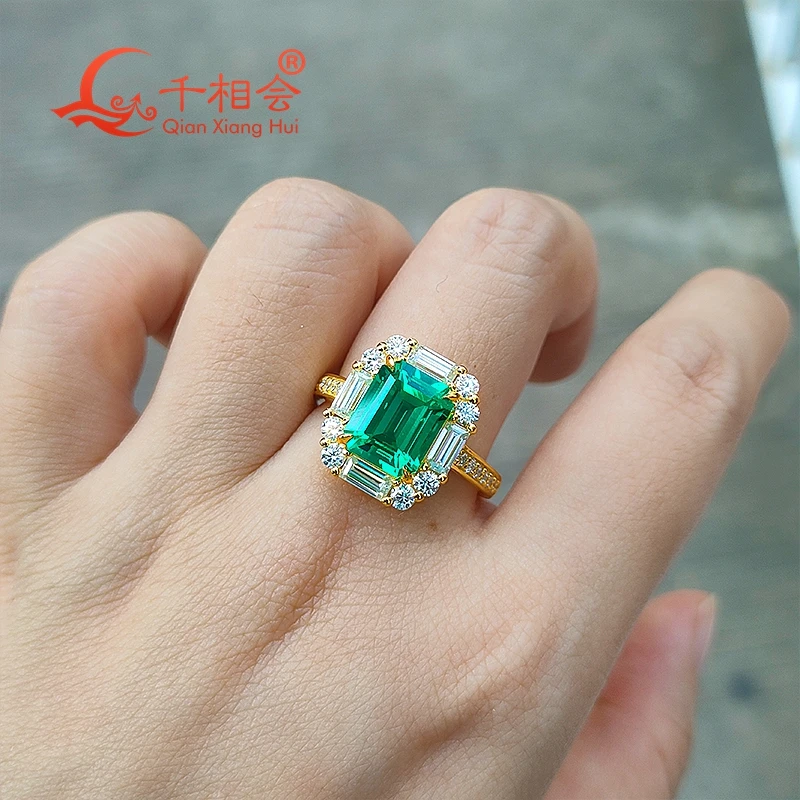 8*10Mm Groene Smaragd 925 Zilver Geel Verguld Smaragd Ring Met Whtie Moissanite Bruiloft Verlovingsfeest Geschenken