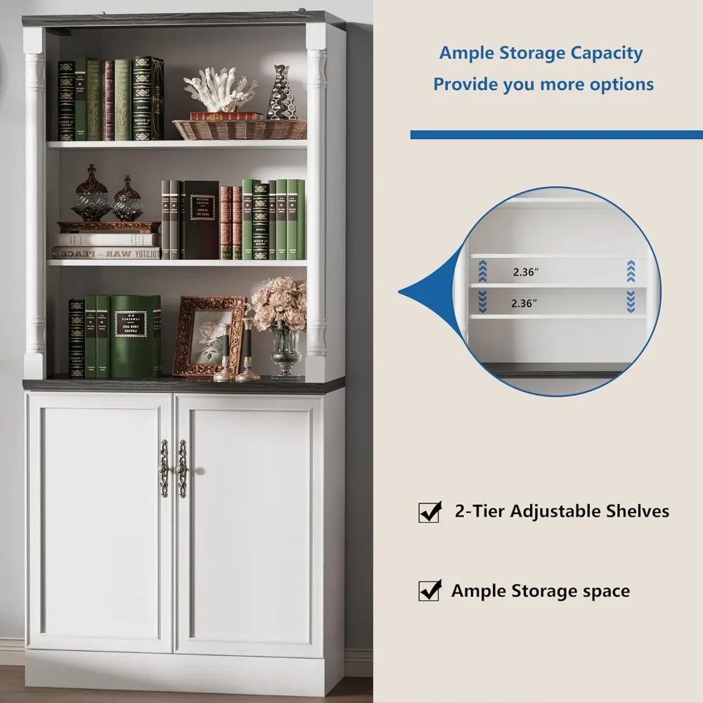 Bookcase with Doors, 71 inch Tall Bookshelf with Storage Cabinet, Floor Standing Wood Bookcase with Adjustable Shelves, 5