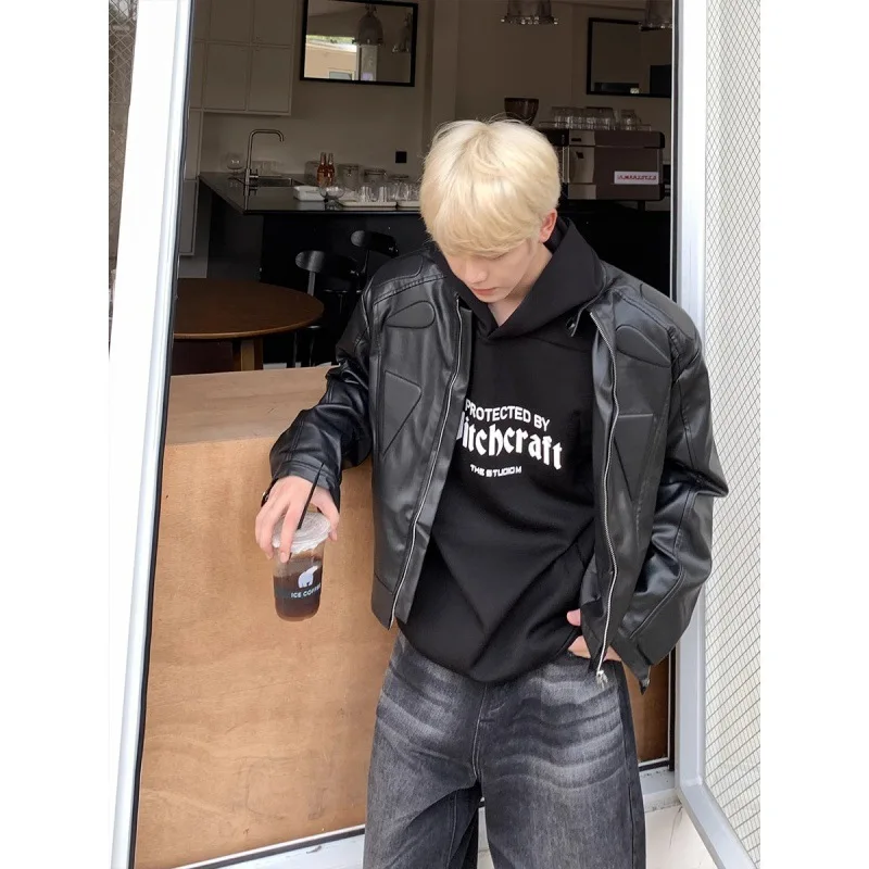 男性用レザーバイカージャケット,韓国のファッション,ショルダー