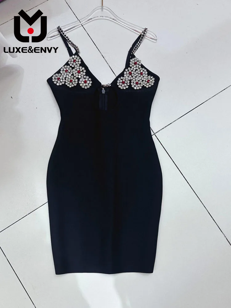 

LUXE&ENVY Rows V-Neck Studded Beads Sexy Hanging Strap Open Back Dress Hollow Out Bandage Hip Women 2023 Summer