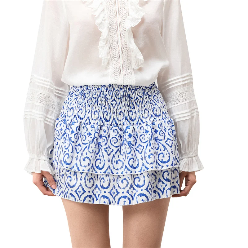 Minifalda de verano para mujer, con estampado floral, elástica, de cintura alta, con volantes escalonados, faldas cortas de corte A, faldas para salir, ropa de calle