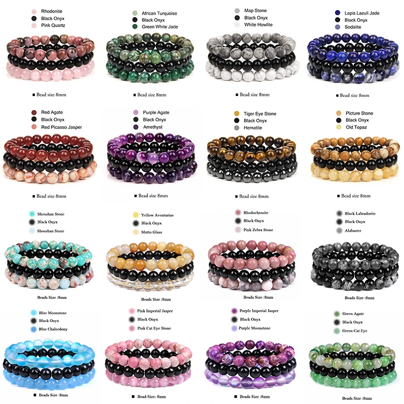 3pcs/set 8mm Natural Stone Beads Bracelet Set Pink Zebra Rhodonite ...