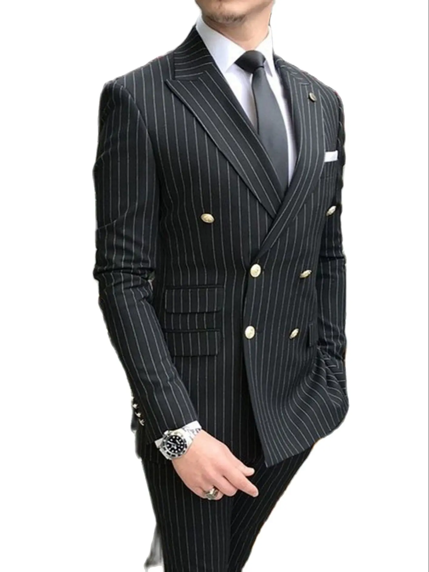 Costumes noirs à rayures croisées pour hommes, blazer de marié