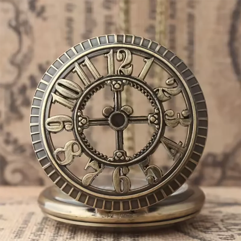 Antique Steampunk Bronze Hollow Gear Movement Quartz Pocket Watch Pendant Gift With Chain Boys Men