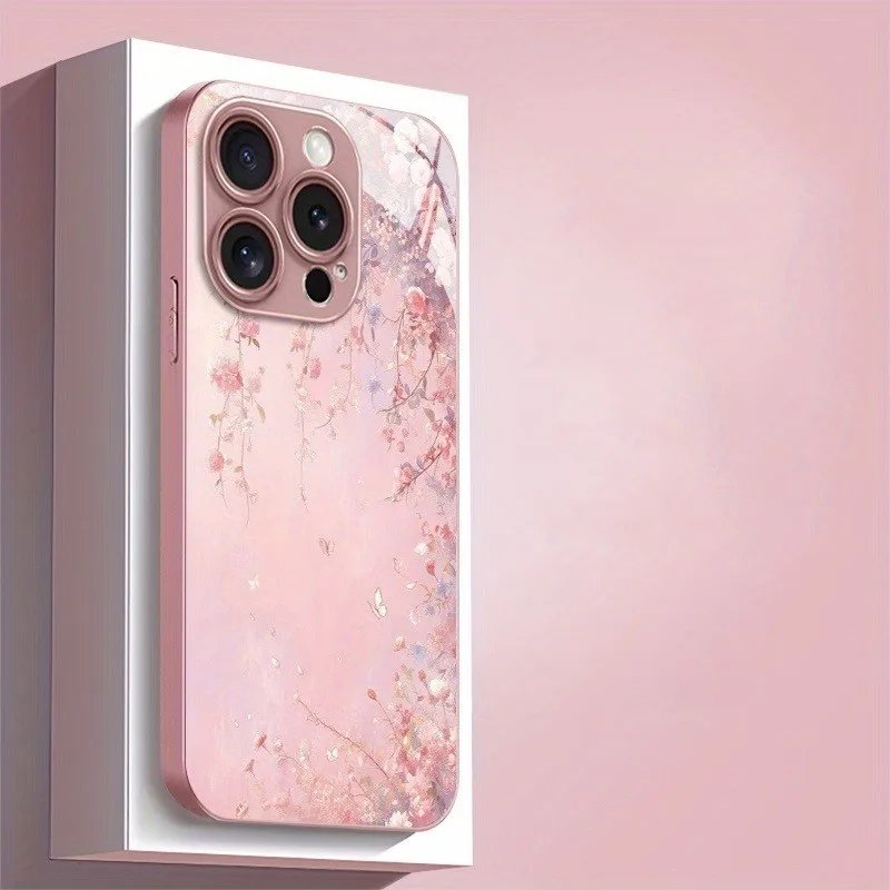 Oil Painting Pink Flowers Phone Case with Tempered Glass Cover