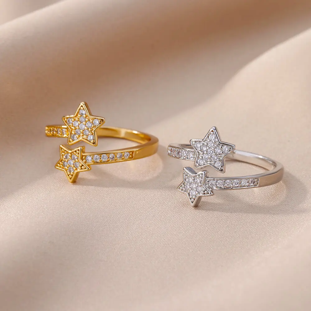 Zircon Double Star Rings Gold Color Stainless Steel Opening Stars Finger Ring