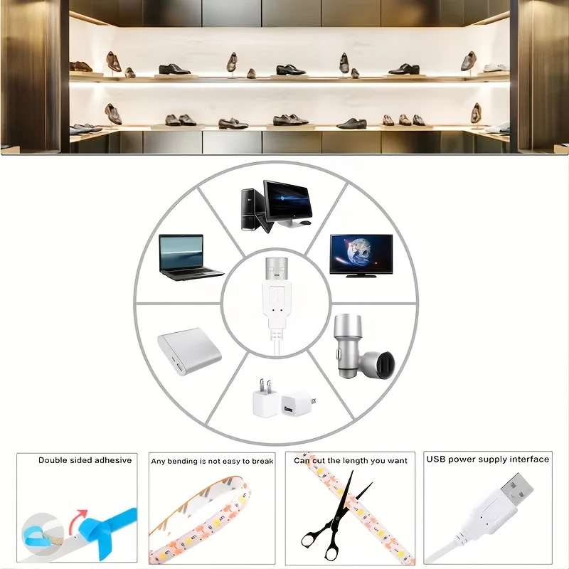 Warm White LED Strip Lights with On/Off Switch - USB Powered, Cuttable, Perfect for Bedroom, Kitchen, Mirror, Home Decor (3.2ft-100ft)
