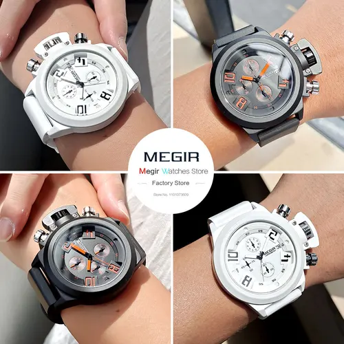 Megir 남성용 실리콘 밴드 스포츠 쿼츠 손목 시계, 아날로그 디스플레이, 크로노그래프, 블랙 시계, 달력 2002 포함, 패션 3