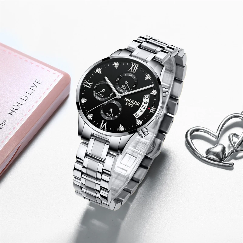 NIBOSI Fashion Chronograph Quartz Watch for Women Stainless Steel Waterproof Womens Watches Top Brand Luxury Diamond Wristwatch