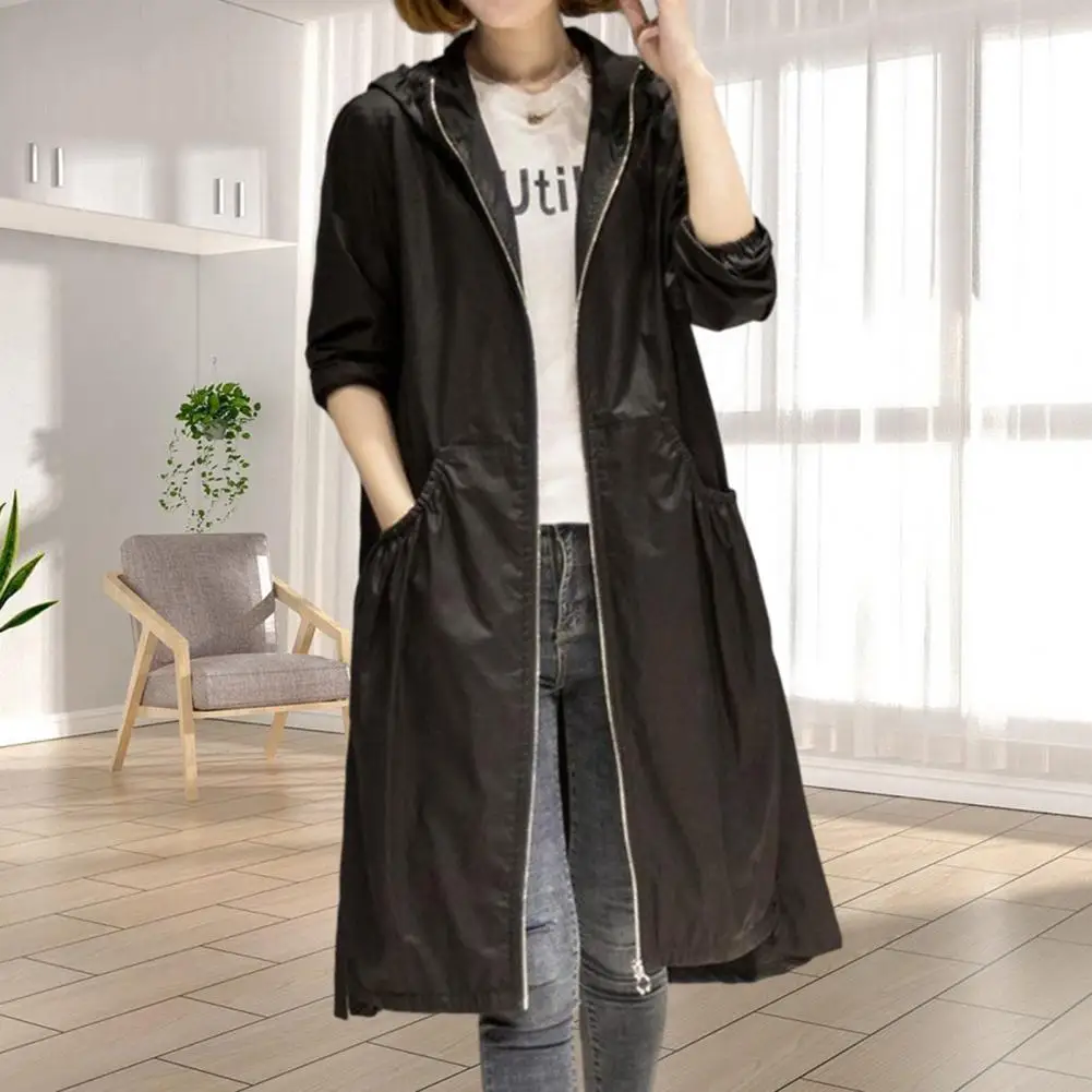 

Pockets Windbreaker Mid-length Windbreaker Stylish Women's Mid-length Hooded Windbreaker with Zipper Placket Long for Streetwear