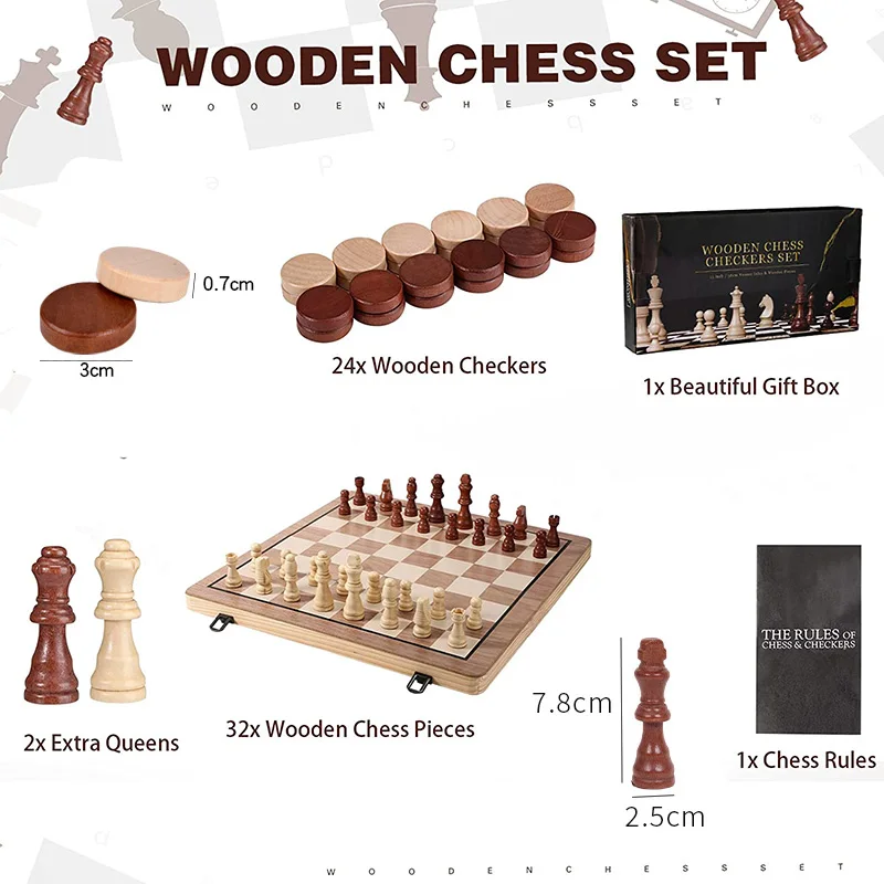39cm Wooden Chess Checkers Set 2 In 1 Foldable Interior Storage Space Chessboard Extra Queens Home Travel Games Perfect Gifts