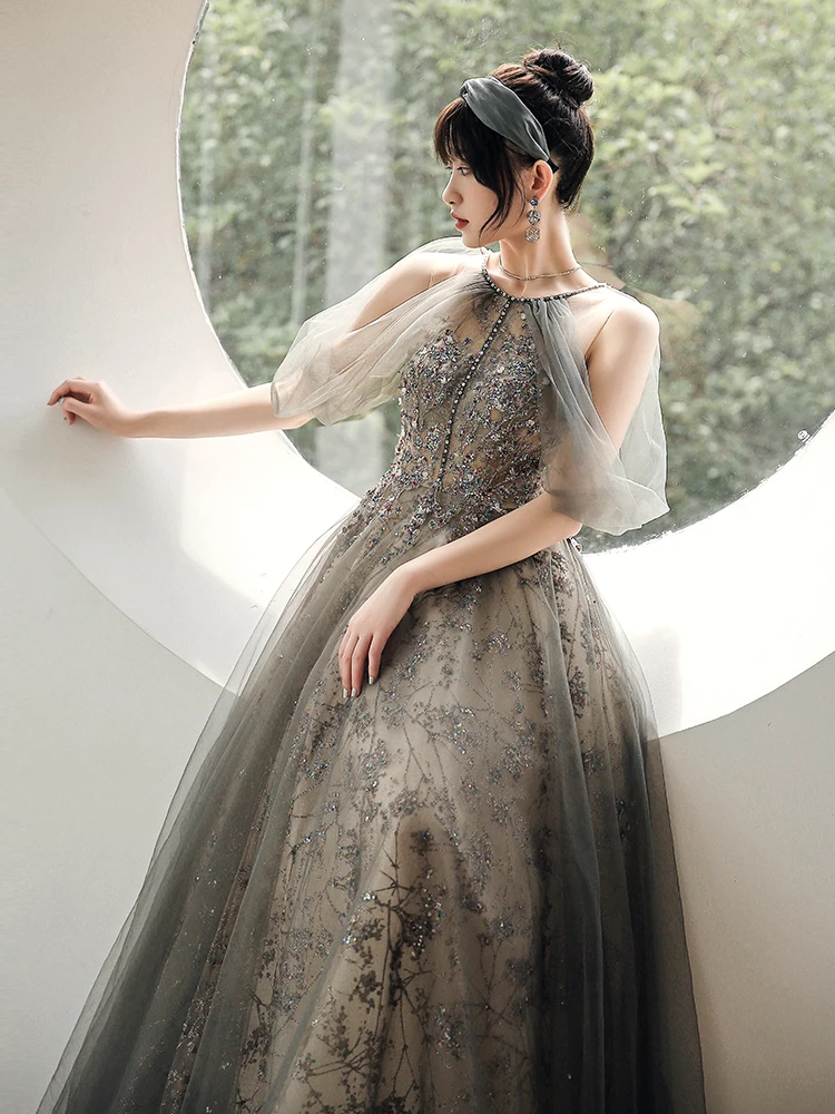 

Gorgeous Prom Dresses Woman Halter Party Night Gowns Sequined Crystal Ring Sleeves Long Robe Sexy Backless Bandage Evening Dress
