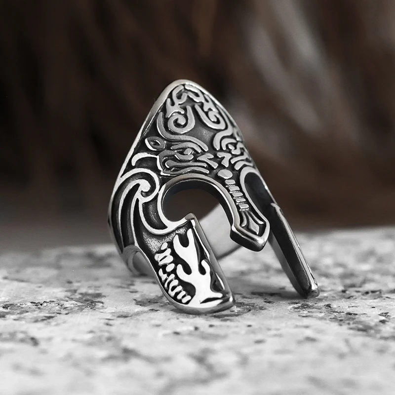 Man Viking Warrior Helmet Ring Scandinavian Pagan Norse Rune