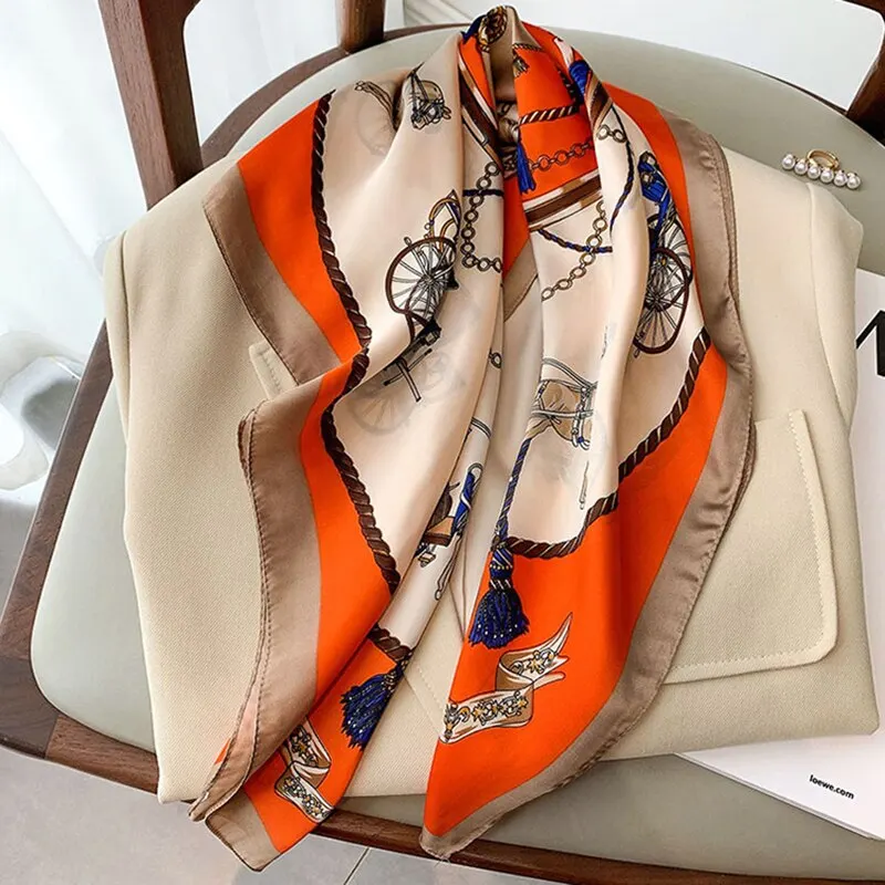 Luxury Print Silk Feeling Square Scarf Women Spring Neck Tie Shawl Wraps Female 70cm Hair Hand Wrist Headkercheif Hijab Bandana 3