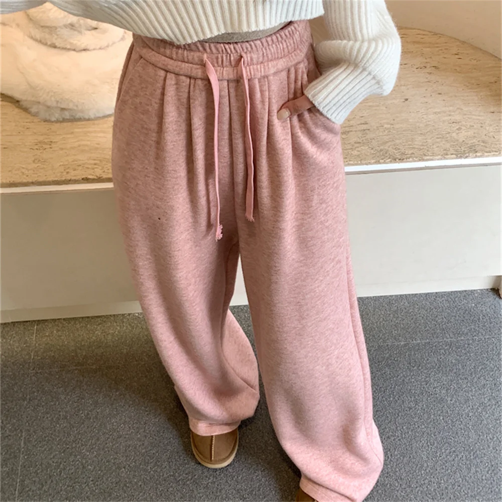 

PLAMTEE M-XL Women Cashmere Knitting Pants Winter Thicken Plush Warm Chic 2022 Wide Leg Loose Solid All Match Casual Gentle