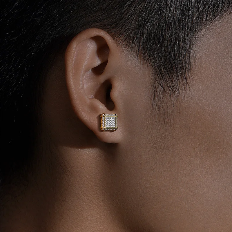 Hip Hop Ice Studded Earrings For Men Male Trend Cubic Zirconia Piercing Hiphop Gold Color Square Earring Jewelry Accessories 5