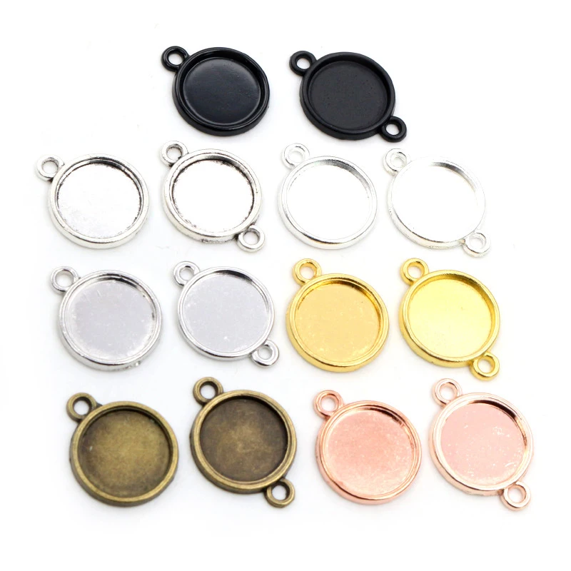 Classic One-Sided Double Hanging Cabochon Base Setting Charms Pendant in 7 Colors, Multiple Inner Sizes