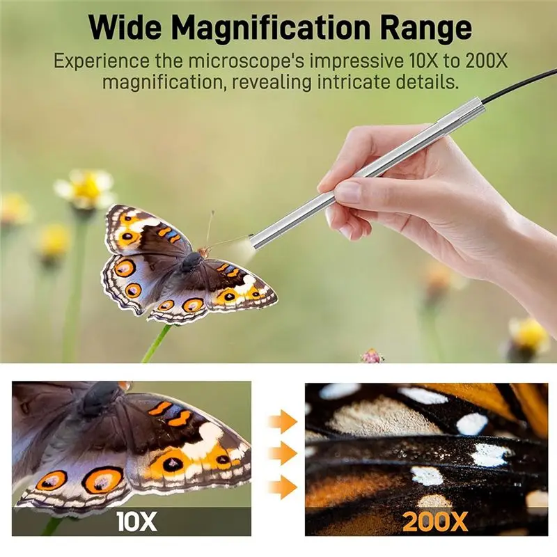 잘 만들어진 USB-C 디지털 현미경, 10X200X 배율의 휴대용 카메라, 8개의 LED 조명, 휴대용 회전 금속 스탠드