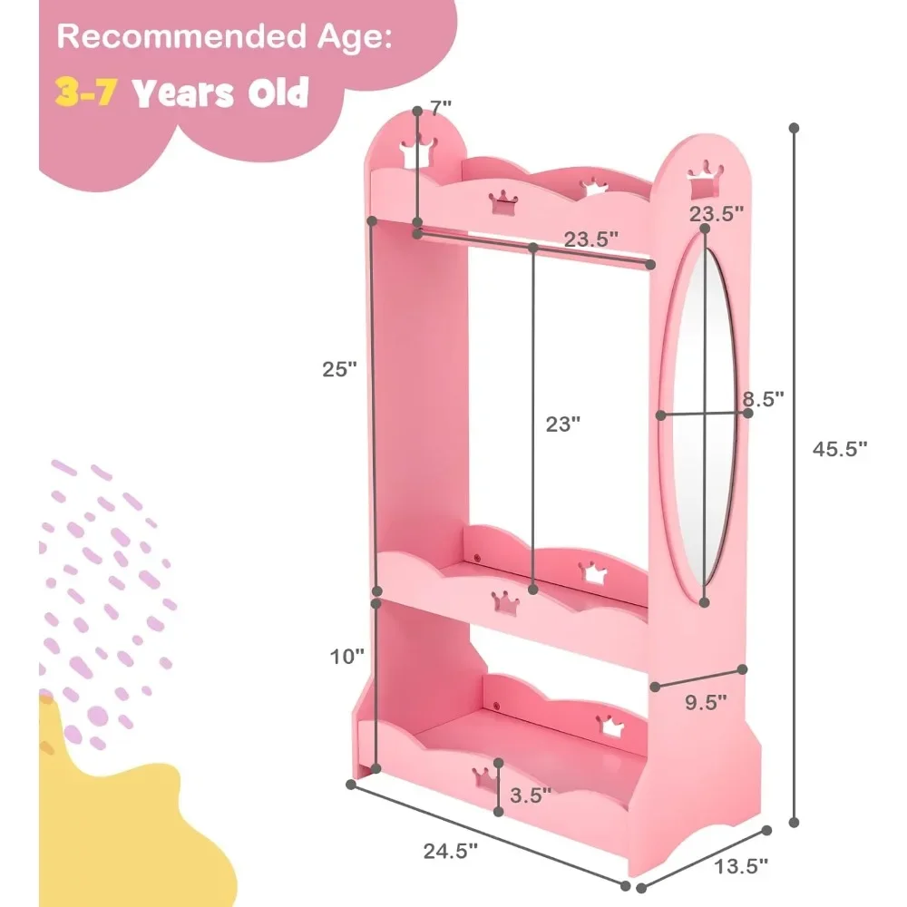 Children's Wardrobes,Kids Dress up Storage Wardrobe,Toddler Armoire Dresser Wardrobe w/Mirror & Cloth Hanger,Cute Crown Patterns 2