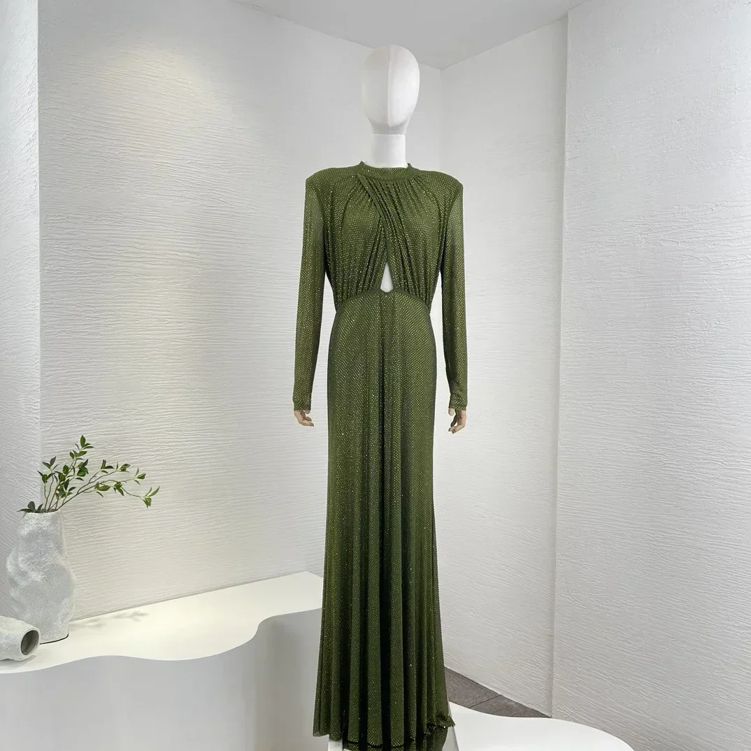 

2024 New Women Clothing Elegant Green Long Mermaid Dress Cut Out Full Sleeve Diamonds Pressed Luxury Style Draped Folds
