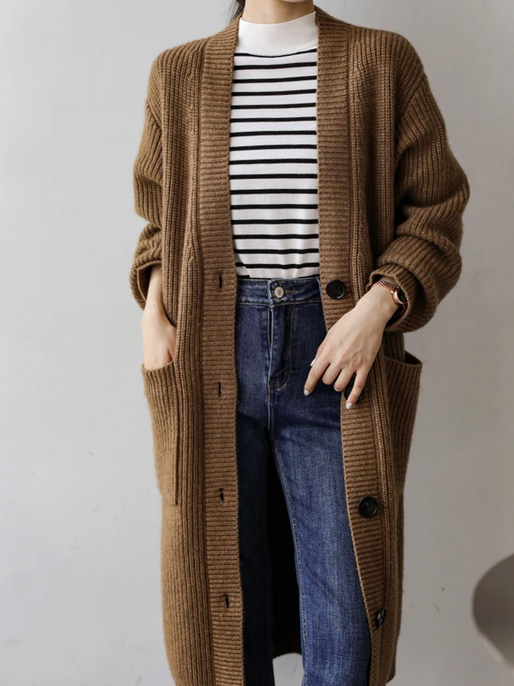 

Autumn Winter Mid Length Big Pocket Cardigan Women Korean Fashion Thick Warm Knitted Jackets 2023 All-match Soft Streetwear Tops