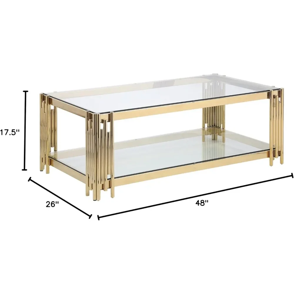 Gold Stainless Steel Frame Glass Coffee Table, Living Room Double-layer Coffee Table, Glass Countertop Coffee Table 3