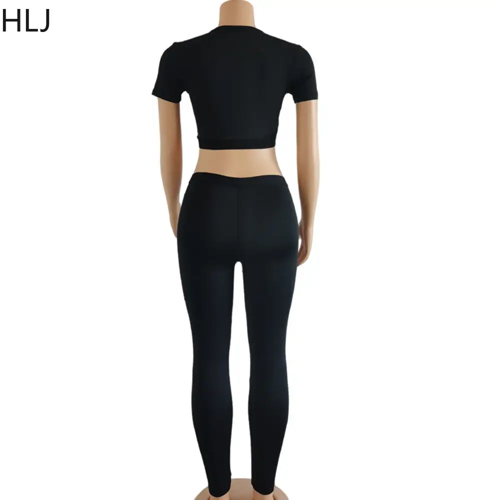 HLJ Black Casual Embroidery Skinny Pants Sets Women Round Neck Short Sleeve Top+Legging Pants Two Piece Sets Female 2pcs Outfits