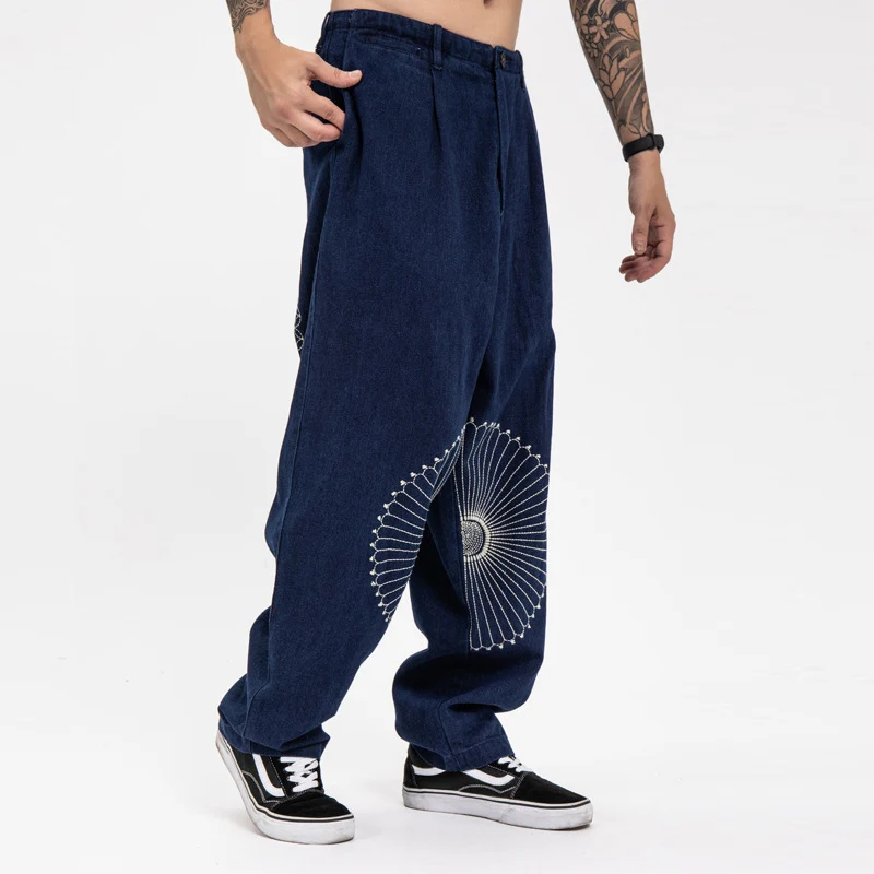 Japanese Fashion Brand Kapital Hirata Embroidered Casual Printed Pants Trend Versatile Retro Loose Jeans Male Vintage Trousers