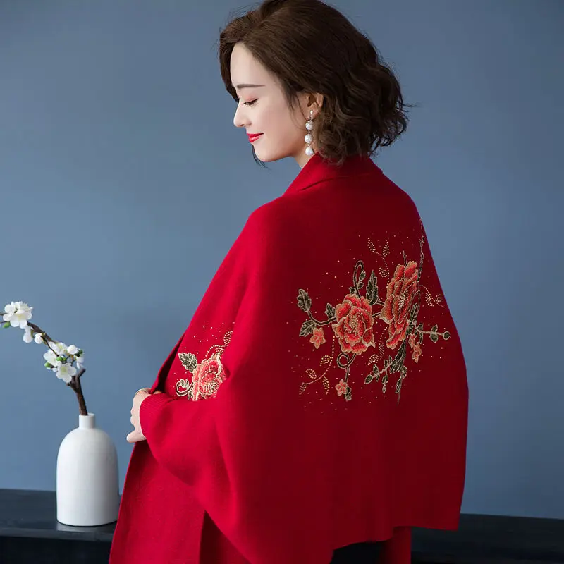 

Autumn and winter wool and cashmere shawl women scarf dual-use warm belt sleeves outer wear embroidered cape with cheongsam